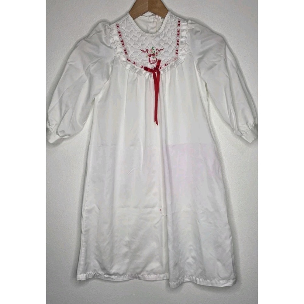Vtg Christian Dior Girl Sleep Pajama Gown Satin Sz 6 White Flowers Ribbon *flaws
